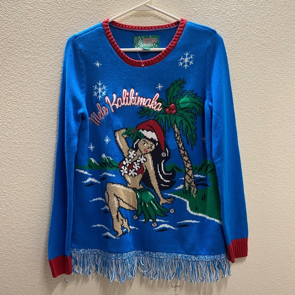 Christmas Sweater size Small women's Hawaiian Mele Kalikimaka Blur with fringes - Picture 1 of 7